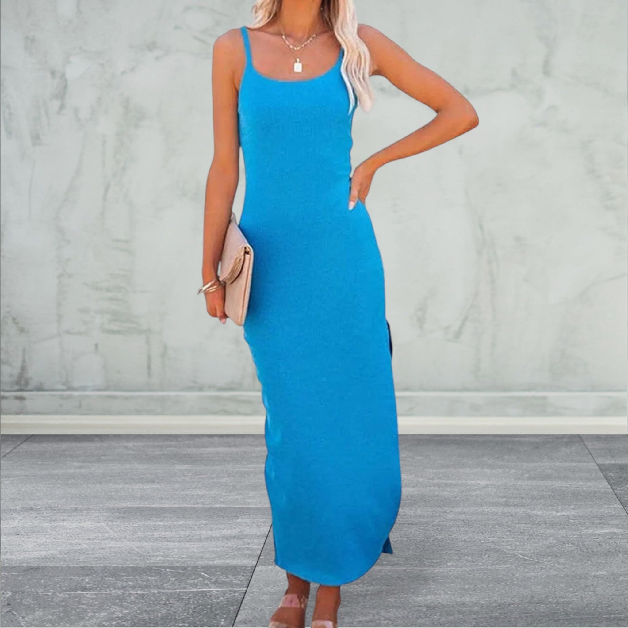 Sleeveless Ribbed Tank Midi Dress with Side Slit