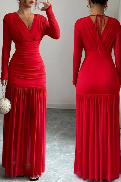 Ruched Surplice Long Sleeve Maxi Dress