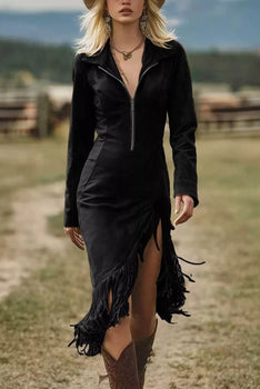 Long Sleeve Fringe Hem Zip Front Bodycon Dress
