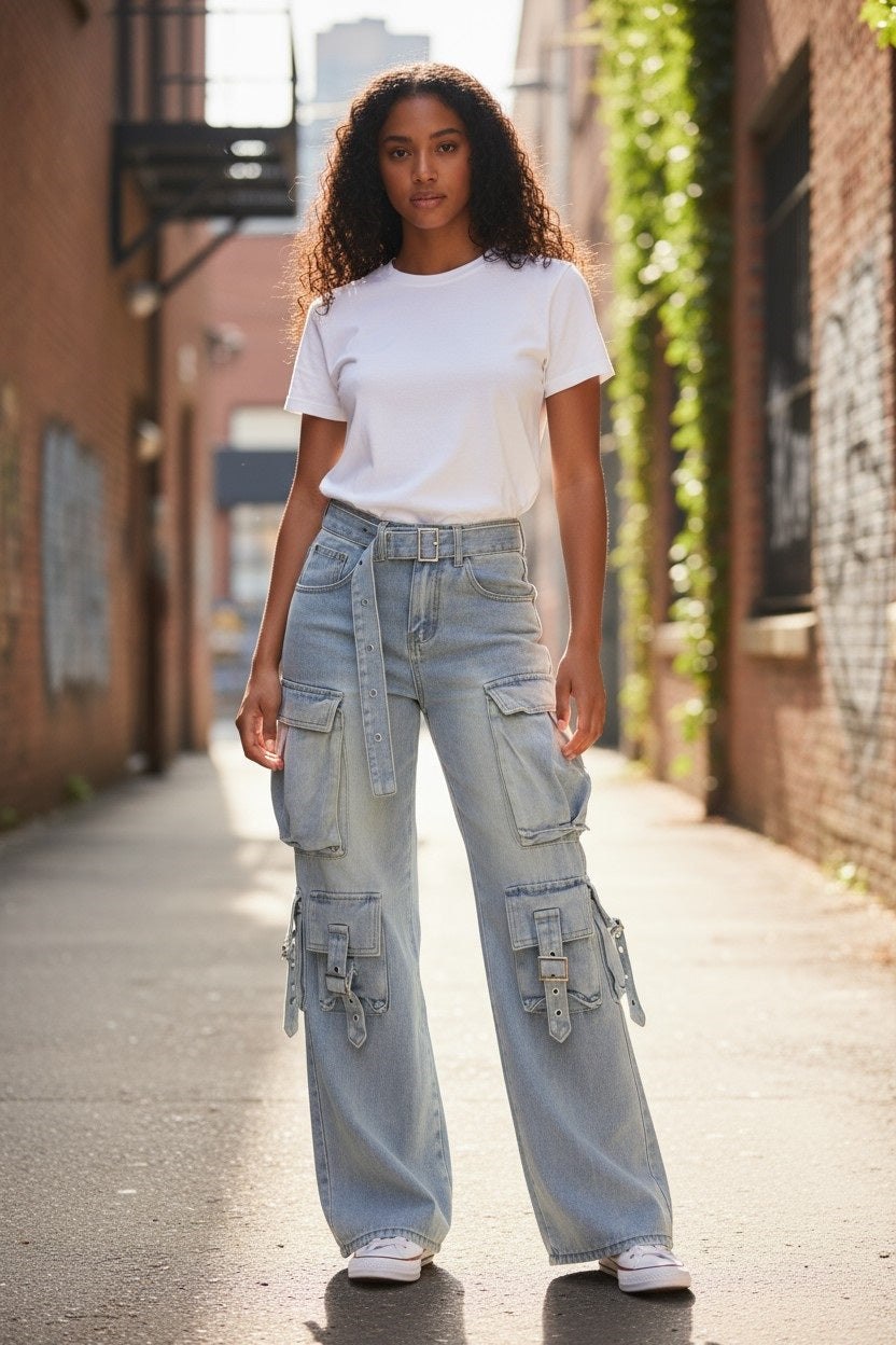 Women's Belted Denim Cargo Jean