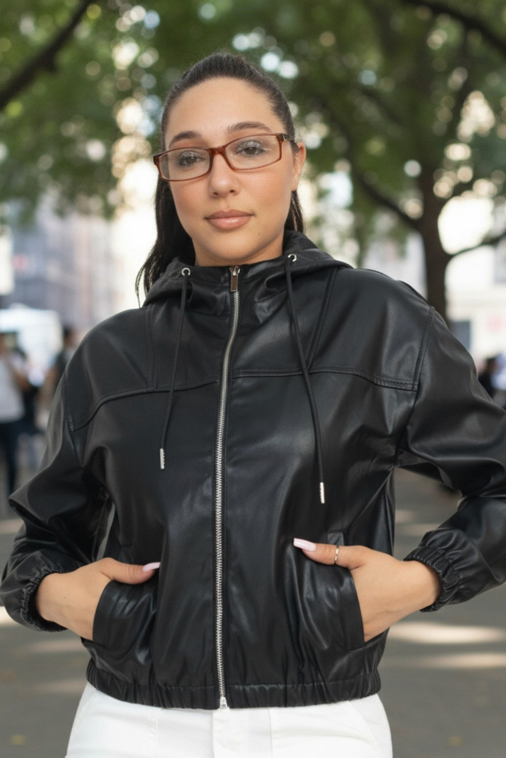 Womens Faux leather hoodie jacket