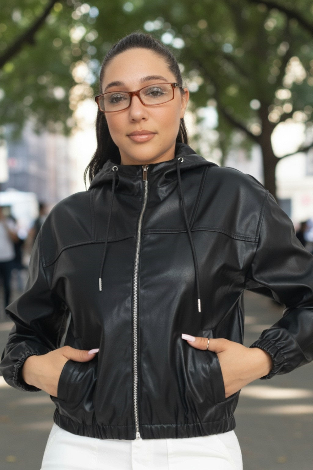 Womens Faux leather hoodie jacket