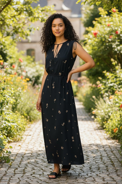 Sleeveless V-Neck Floral Flared Dress