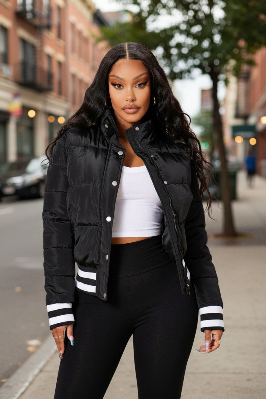 Women's Puffer Jacket Snap Button And Zipper Closure