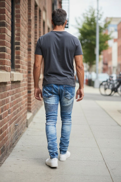 Men Creased Biker Denim Jeans