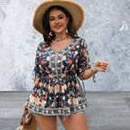 Plus Size Floral V-Neck Half Sleeve Top
