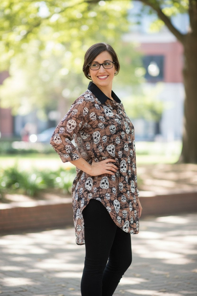 Long Sleeve Lightweight High-Low Skull Pattern Blouse