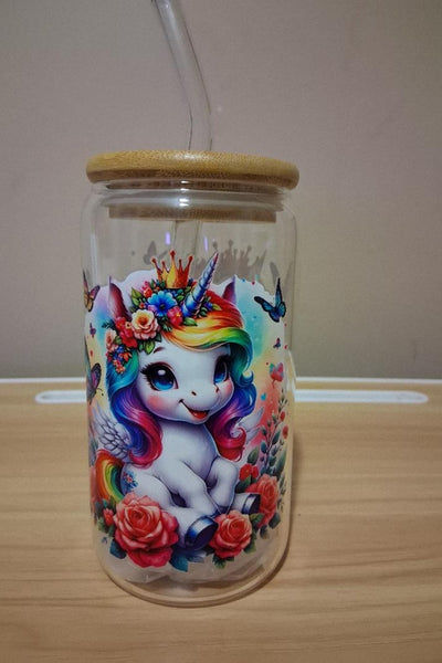 Glass tumbler with a unicorn design bamboo lid  and straw 