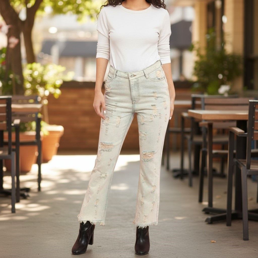 Ripped detail frayed hem straight leg jeans