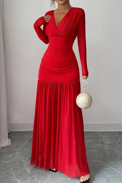 Ruched Surplice Long Sleeve Maxi Dress