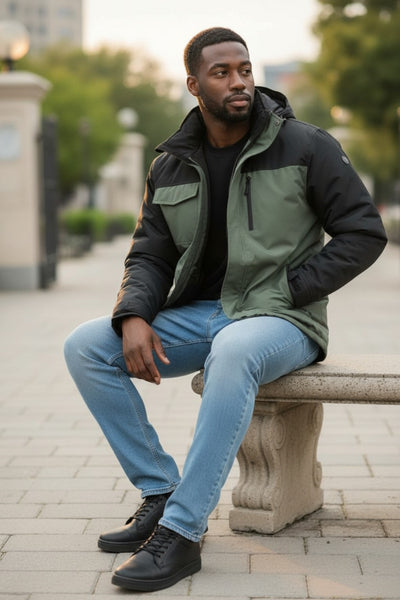 Men's Green And Black Thick Hooded Jacket