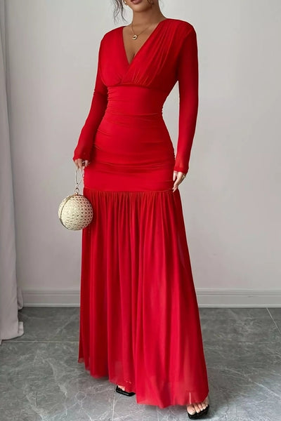 Ruched Surplice Long Sleeve Maxi Dress