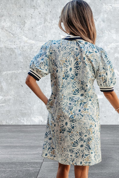 Short Sleeve Floral Print Striped Mini Dress