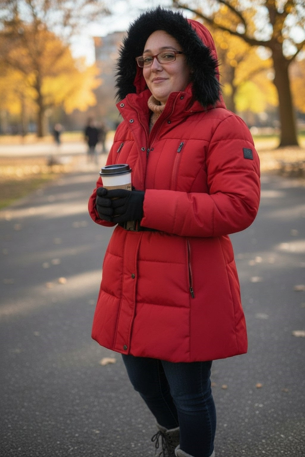 Women's Buckle Belt Detachable Fuzzy Faux Fur Hood Red Puffer Coat