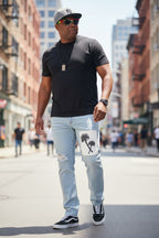 Denim Blue Palm Tree Patchwork Jeans