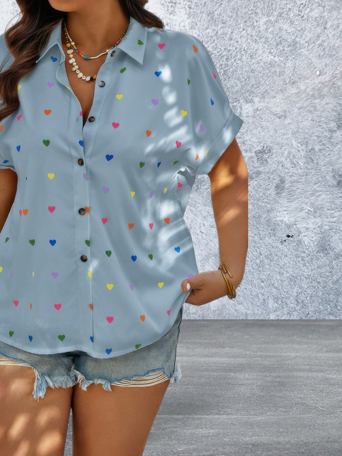 Plus Size Short Sleeve Hearts Print Button Down Loose Top