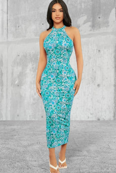 Sleeveless Halter Neck Allover Floral Print Bodycon Dress