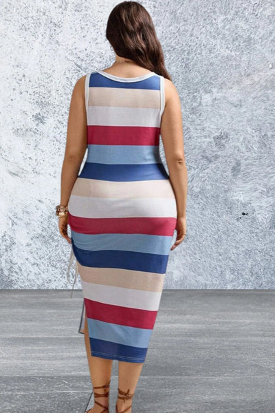 Plus Size Sleeveless Striped High-Slit Drawstring Summer Dress