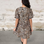 Leopard Tie Front Puff Sleeve Short Flared Dress