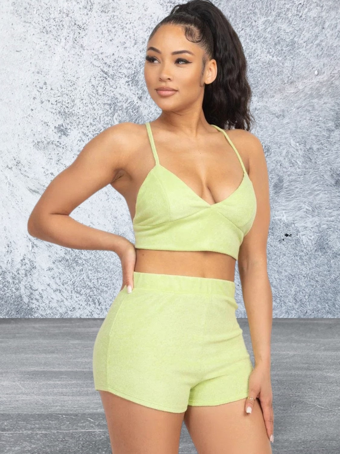 Lime Terry Towel Bralette Top & Mini Shorts Set
