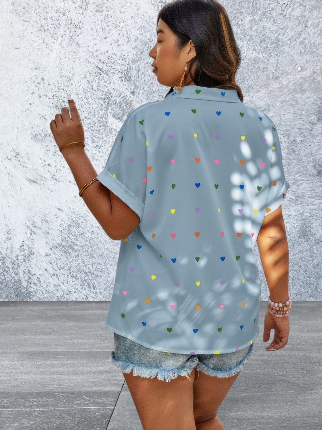 Plus Size Short Sleeve Hearts Print Button Down Loose Top