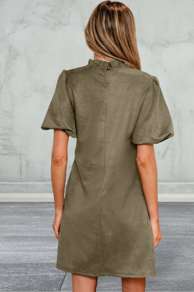 Round Neck Short Puff Sleeve Mini Dress