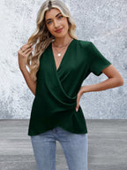 Short Sleeve Solid Color Surplice Blouse