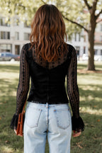 Black Long Sleeve Lace Flounce Sleeve Slim Fit Top