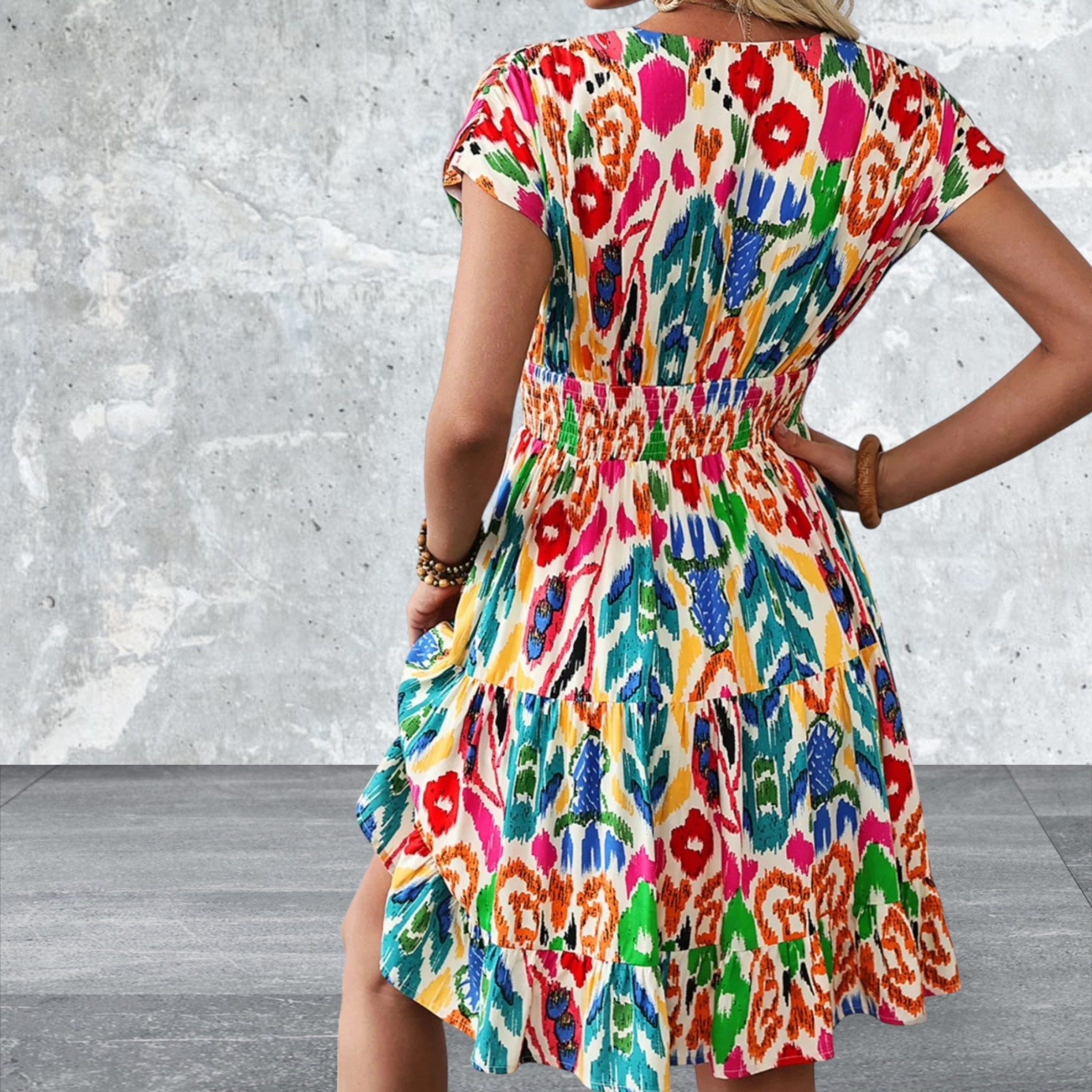Abstract Print V Neck Dolman Sleeve Ruffle Tiered Mini Dress