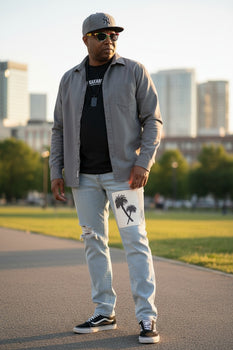 Denim Blue Palm Tree Patchwork Jeans