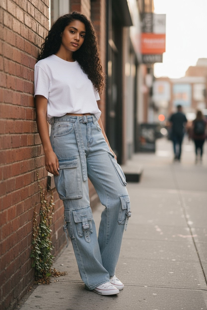 Women's Belted Denim Cargo Jean