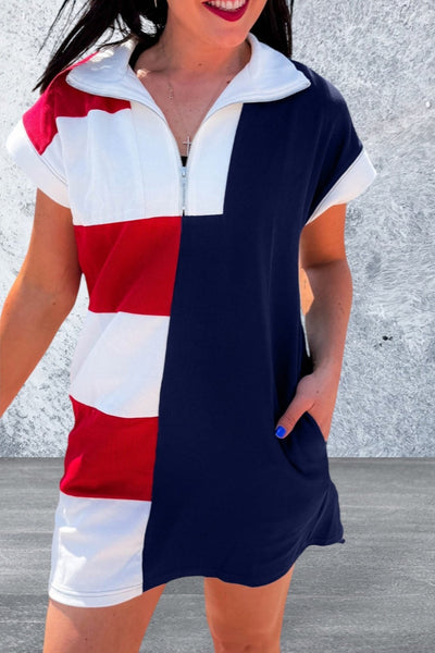 Short Sleeve Zip up Collared Mini Dress