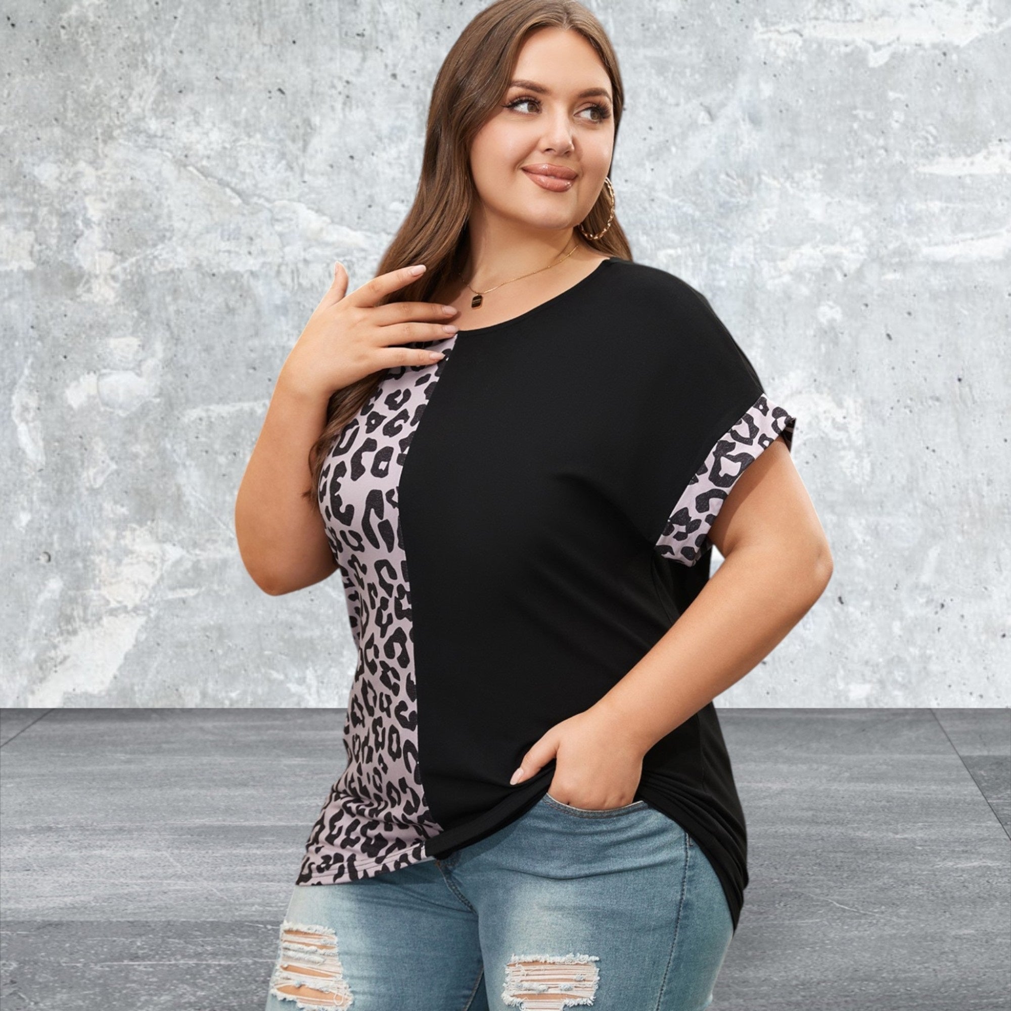 Plus Size Black Half Leopard Patchwork Top