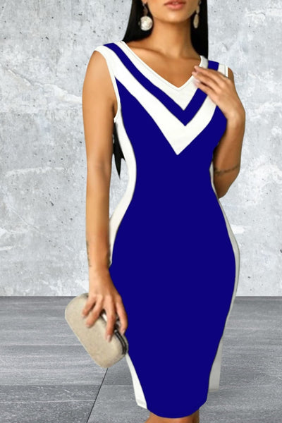 Sleeveless V-Neck Color block Bodycon Dress