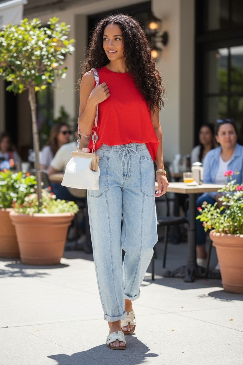 Myosotis Exposed Stitch Detail Drawstring Barrel Jeans