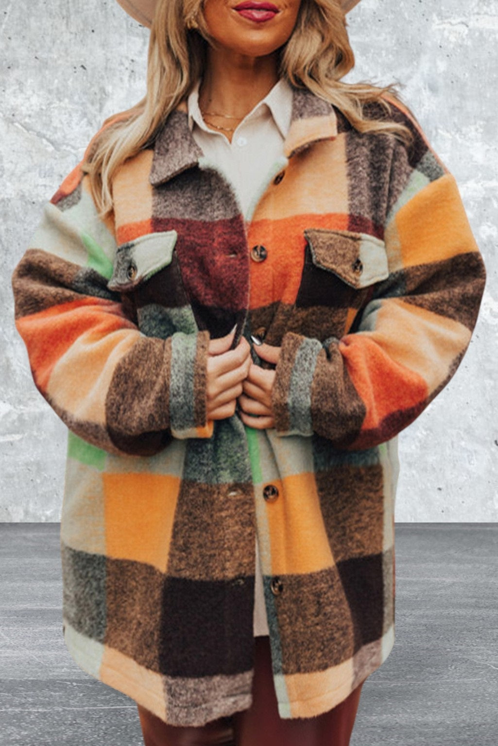 Women's Plaid Print Flap Pocket Long Jacket