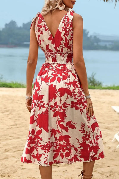 Sleeveless Perfee Smocked Printed Surplice Midi Dress