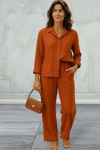 Lepunuo 2 Piece Women Casual  Long Sleeve Button Down Shirt and Wide Leg Pants Sets