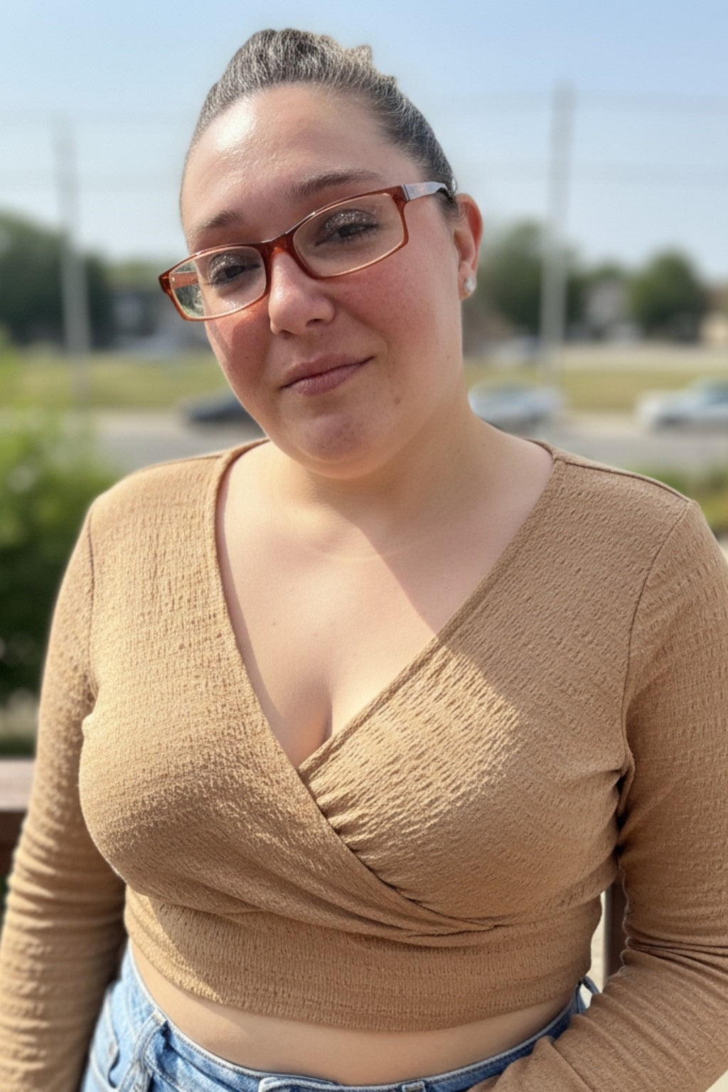 Solid Surplice Neck Long Sleeve Crop Top