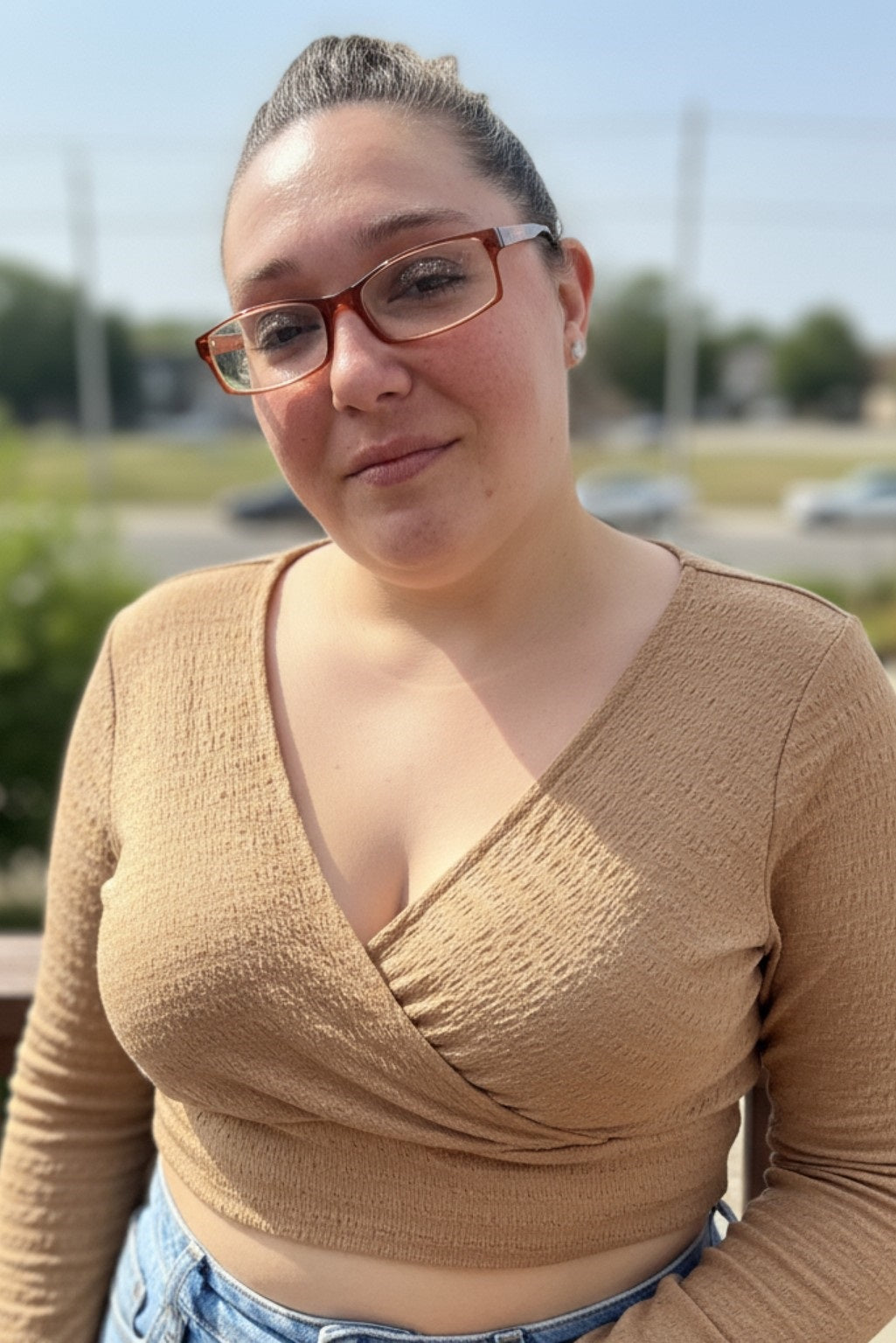 Solid Surplice Neck Long Sleeve Crop Top