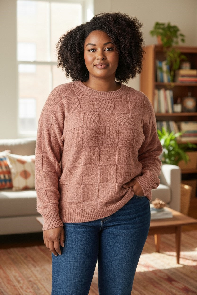 Plus Size Plaid Round Neck Sweater