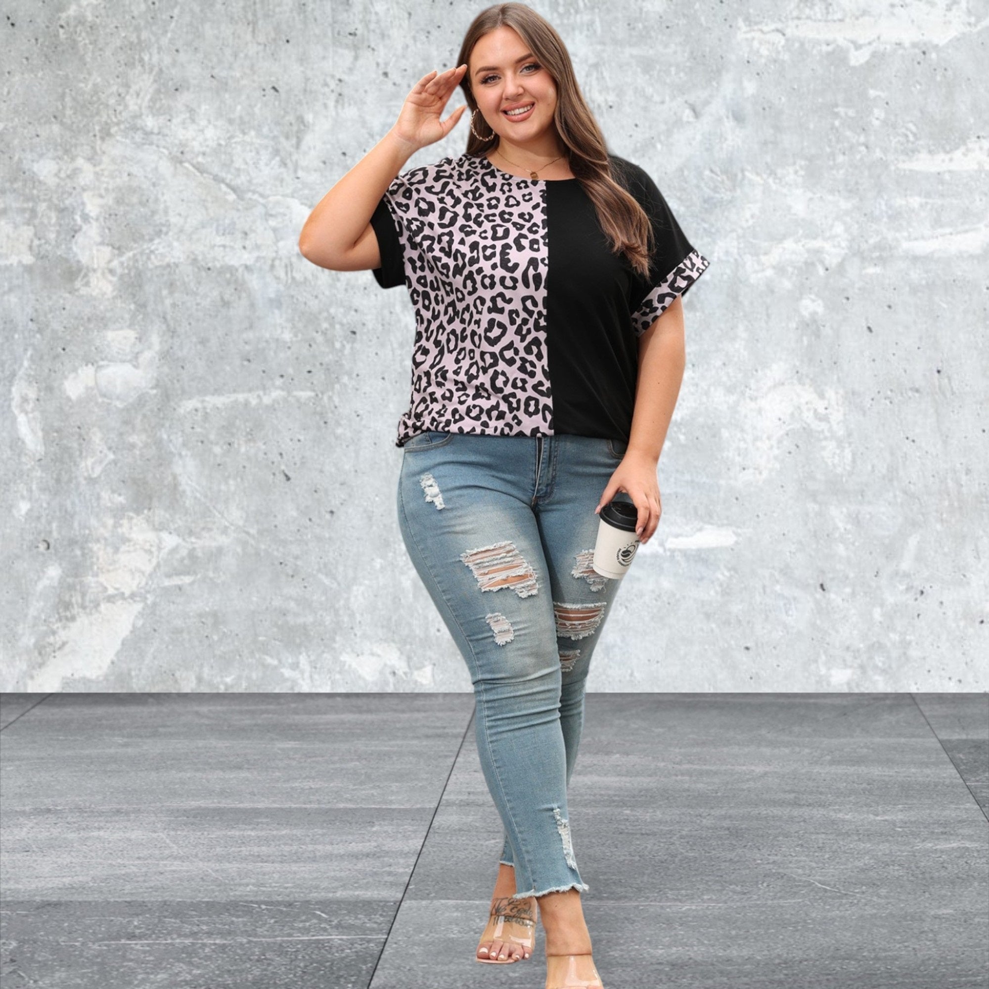Plus Size Black Half Leopard Patchwork Top