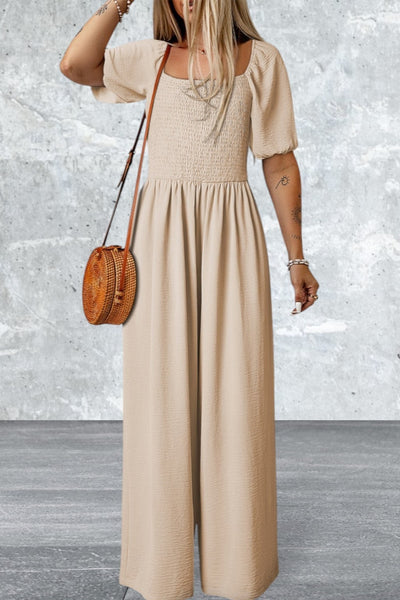 Short Bubble Sleeve Smocked Wide Leg Jumpsuit