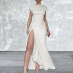 Cap Sleeve Ruched Slit Maxi Dress