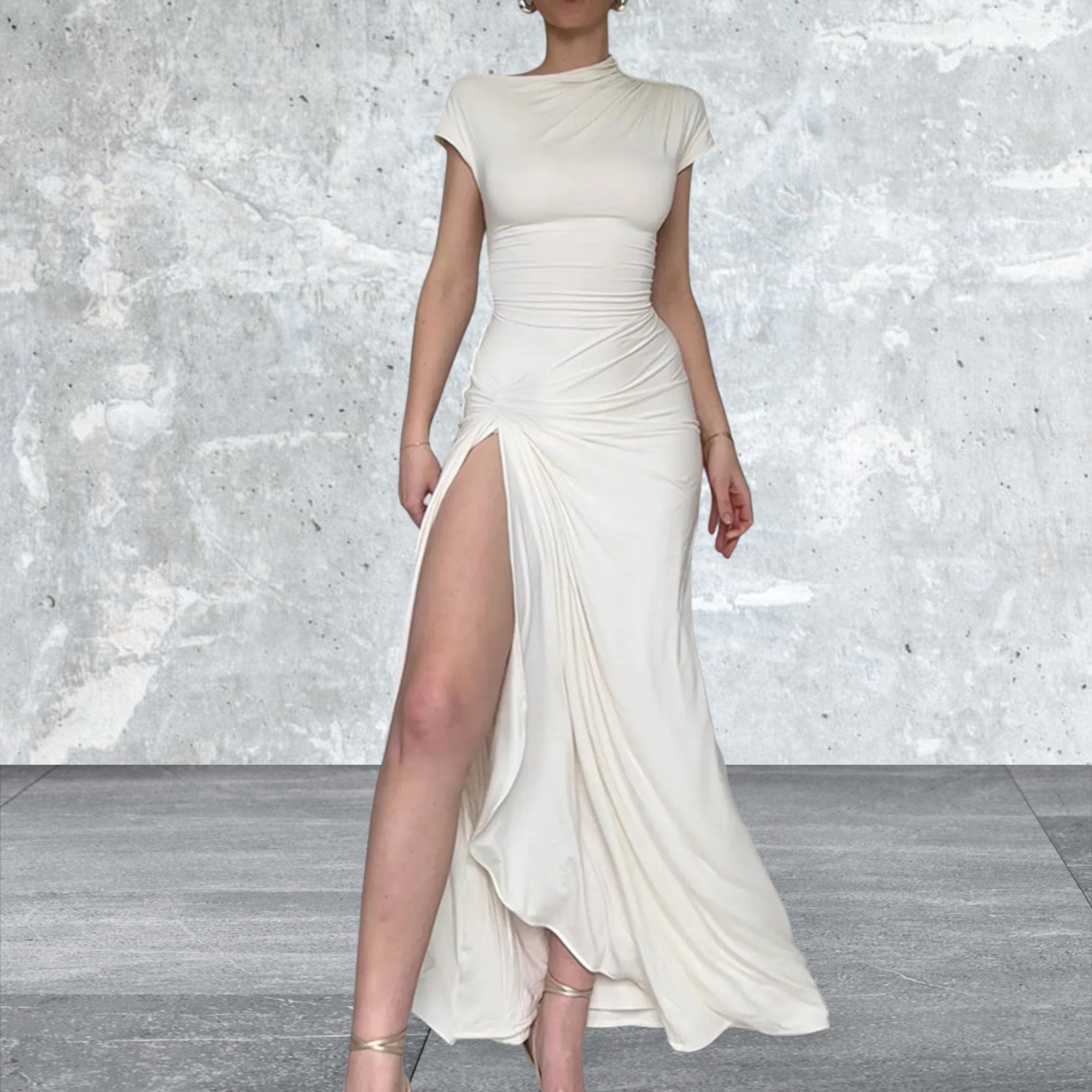 Cap Sleeve Ruched Slit Maxi Dress