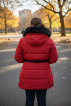 Women's Buckle Belt Detachable Fuzzy Faux Fur Hood Red Puffer Coat