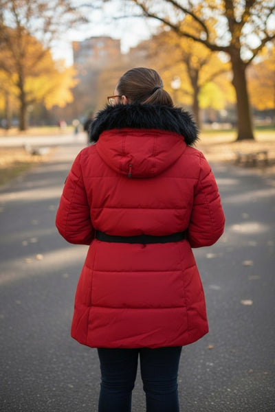 Women's Buckle Belt Detachable Fuzzy Faux Fur Hood Red Puffer Coat