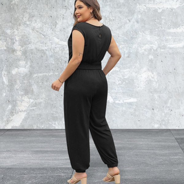 Plus Size Smocked High Waist Sleeveless V Neck Jumpsuit