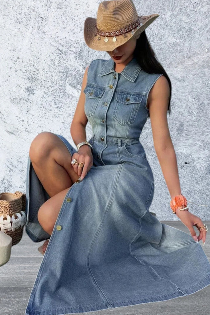 Women's Sleeveless Button Front Denim Dress Blue / L Women's Sleeveless Button Front Denim Dress Blue / L
