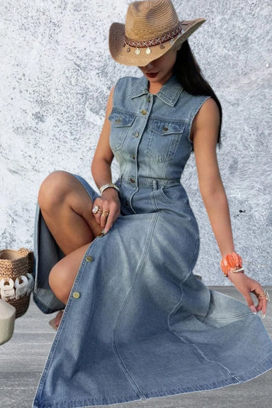 Women's Sleeveless Button Front Denim Dress Blue / L